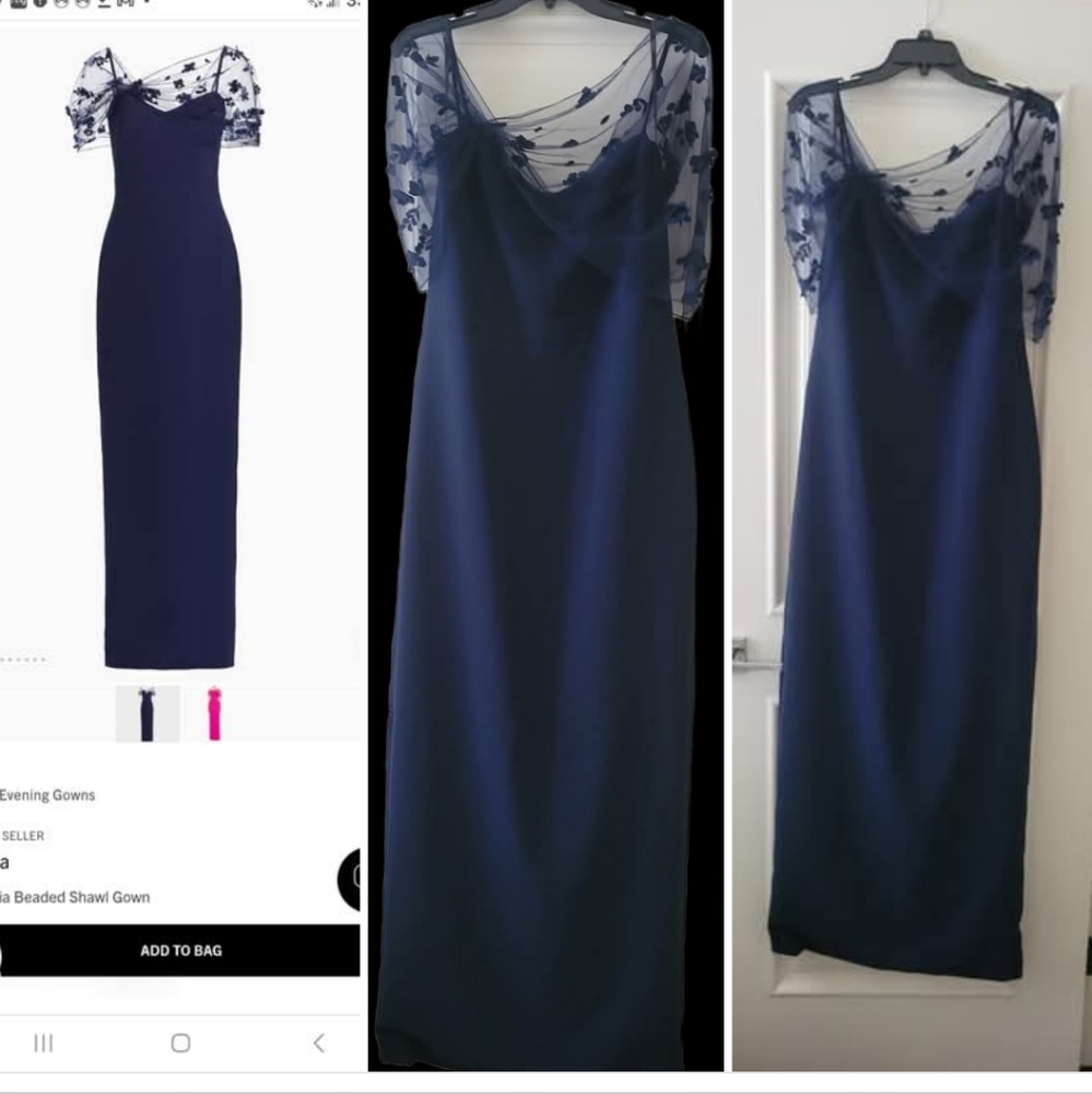 Elegant Navy Evening Gown with Sheer Sleeves. Theia Sophia Beaded Shawl Gown